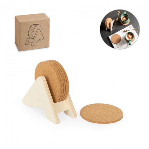 PLYCORK. Supporto in compensato con 6 sottobicchieri in sughero 94368